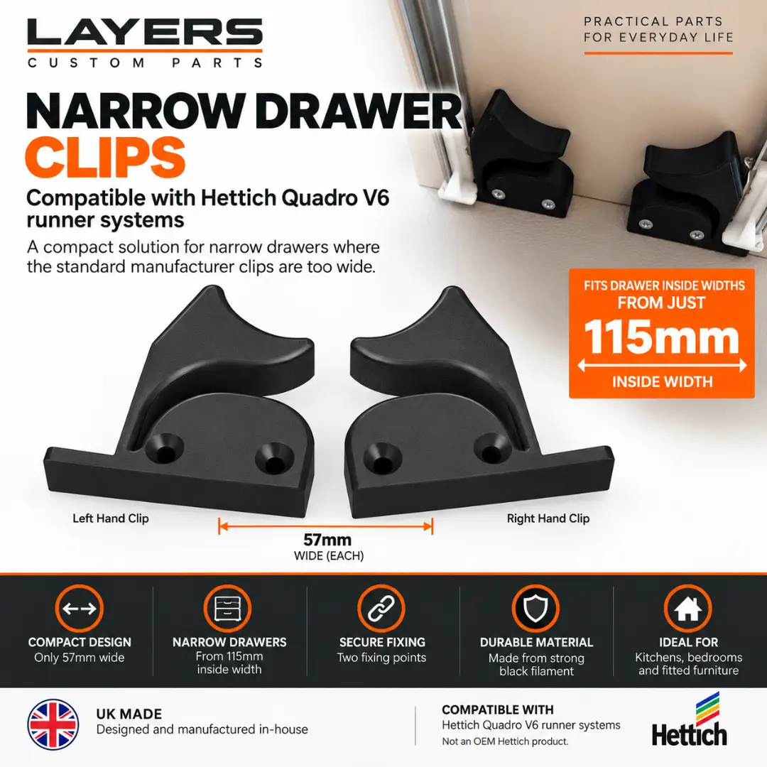 Narrow Drawer Clips Compatible with Hettich Quadro V6 Runners – LH & RH Pair - Image 2